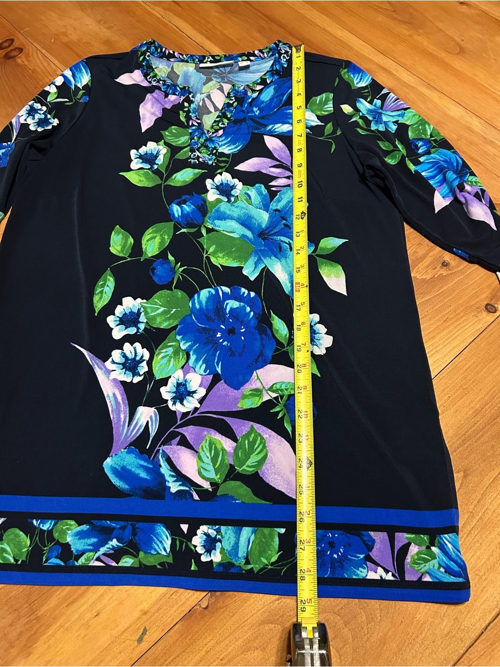 Susan Graver Black Floral V-Neck Tunic with Blue, Green & Purple Blooms - Picture 5 of 7